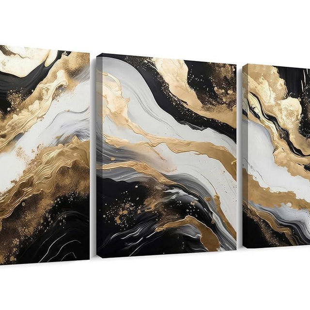 Palette Dreams 3 Piece Framed Black and White Abstract Wall Art, Black Gold Canvas Black Marble Picture Wall Decor, Modern Gold Foil Art Poster Print for Living Room Bedroom Office Bathroom 12x16 Inch