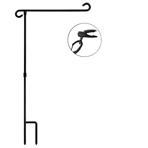 HOOSUN Garden Flag Stand Holder Pole Easy to Install Strong Sturdy wrought iron Fits 12.5" x 18" Mini Flag with 1 Tiger Clip Curved hook with S type without flag
