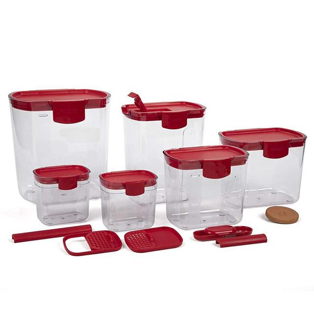 Progressive Prepworks ProKeeper 6 Piece Kitchen Clear Plastic Food Storage Organization Container Baking Canister Set, Red