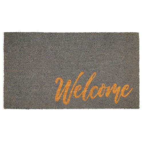 mDesign Rectangular Coir and Rubber Entryway Welcome Doormat with Natural Fibers for Indoor or Outdoor Use - Decorative Script Design - Gray/Brown