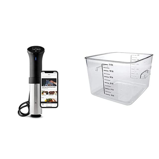 Anova Culinary AN500-US00 Sous Vide Precision Cooker (WiFi), 1000 Watts | Black and Silver & Rubbermaid Commercial Products Plastic Space Saving Square Food Storage Container, 12 Quart, Clear