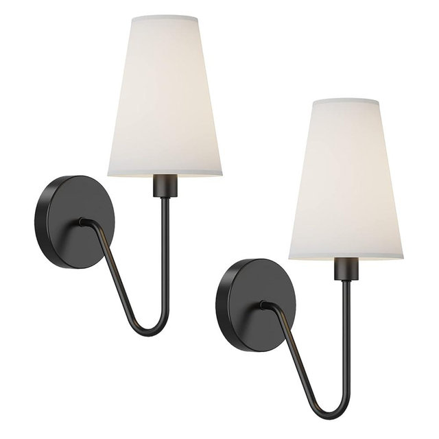 Electro bp;Single Head Classic 1 Light Wall Sconce Lighting Fixture Black with Cream White Linen Fabric Lamp Shades E12 40W Hardwired (Set of 2);