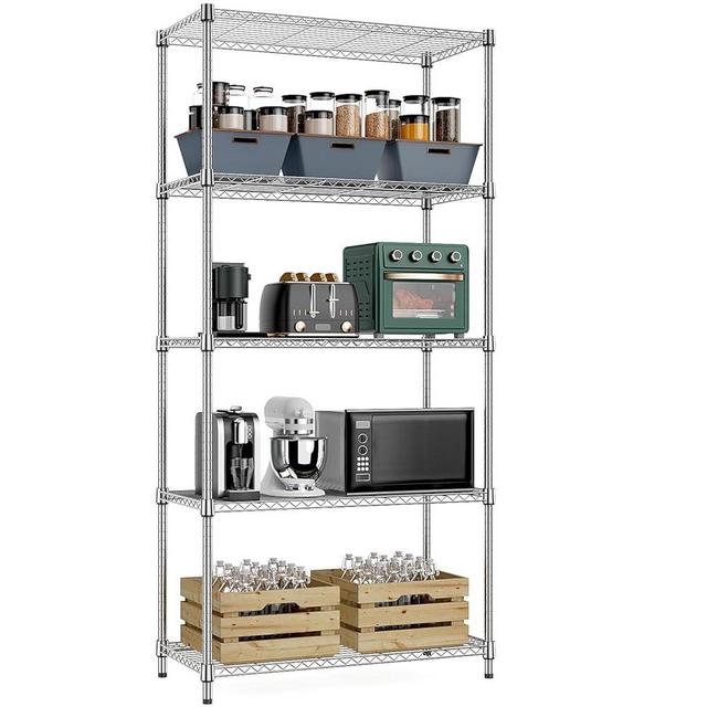 MZG 1750 lbs 5 Tier Storage Rack Metal Wire Shelving Unit, Storage Standing Household Shelf Organizer for Kitchen Pantry Closet Garage Basement Utility Room, Chrome 15.8" D x 33.5" W x 70.4" H