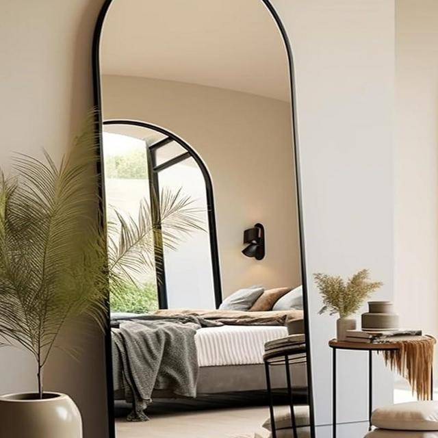 BEVERDY Full Length Mirror, Arched Floor Mirror with Stand, 28"x71" Oversized Floor Mirror, Wall Mirror Full Length Freestanding, Wall Mounted Mirror for Bedrooom Living Room, Black