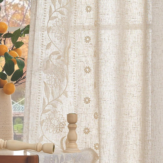 Lazzzy Linen Curtains for Living Room Bedroom 63 Inches Length Embroidered Floral Curtains Farmhouse Rod Pocket Drapes Light Filtering Window Treatments Ivory on Beige 2 Panels Set