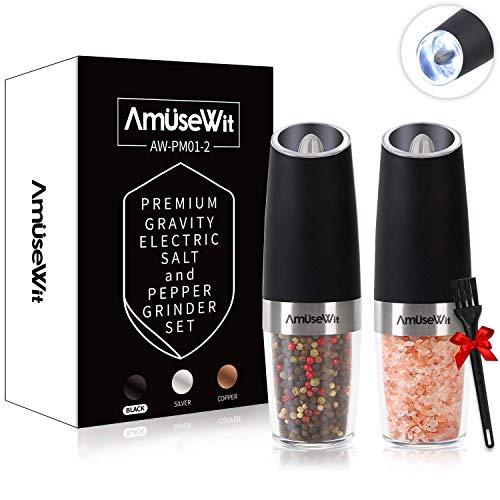 Gravity Electric Salt and Pepper Grinder Set - Battery Operated Automatic Salt and Pepper Mills with White Light,Adjustable Coarseness,One Handed Operation,Cleaning Brush,Black by AmuseWit