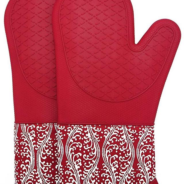 Professional Microwave Silicone Oven Mitts for one Pair, Kitchen Lines Set for Heat Resistant with 500 Degrees, Kitchen Gloves Pot Holder for BBQ Cooking Baking (Red)