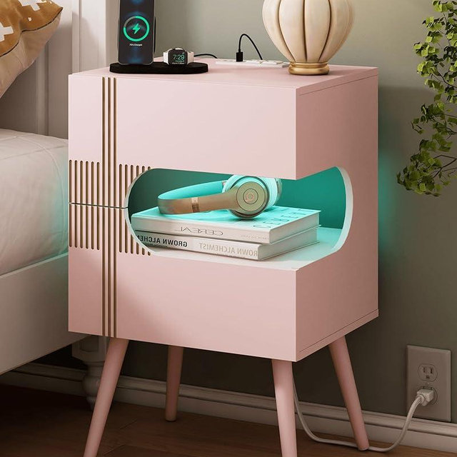 JOONEE White Nightstand with Charging Station and LED Lights,Modern Bedside Table with 2 Storage Drawer,Night Stand with Solid Wood Legs,White (Pink)