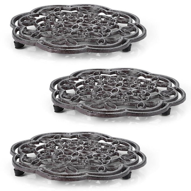 3 Pack Cast Iron Trivet, 7.7 Inch Round Heavy Duty Rustproof Trivets for Hot Pots & Pans – Heat Resistant Metal Pot Stand with Rubber Feet for Kitchen, Dining Table, Countertop–Vintage Farmhouse Decor