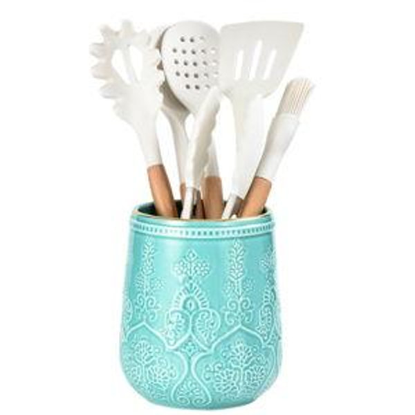 Utensil Holder, Large Utensil Holder for Kitchen Counter, 6.5”Ceramic Cooking Utensil Organizer, Kitchen Decor for Counter (Turquoise)