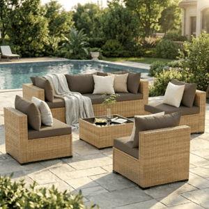 ELPOSUN 7-Piece Patio Furniture Set, Outdoor Conversation Set, All-Weather Wicker Outdoor Sectional Sofa Set with Table & Cushions, Brown