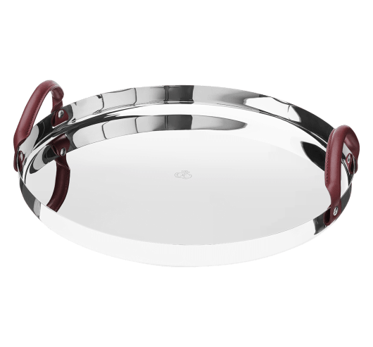 Round Tray in Mirror Polished Stainless Steel with Leather Handles