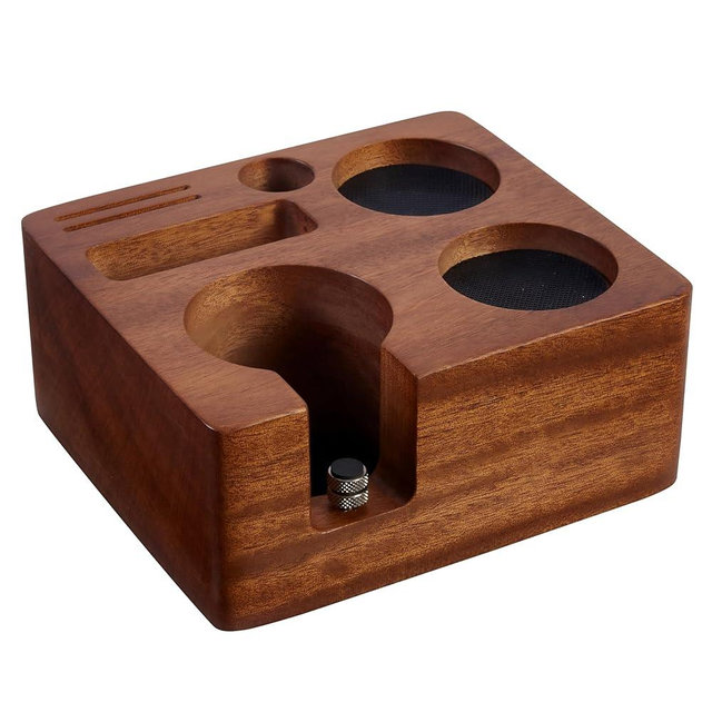 Teyearlife Tamping Station for Portafilters Solid Wood Espresso Accessories 5-Slot Organizer with Anti-Slip Base & Adjustable height (small)