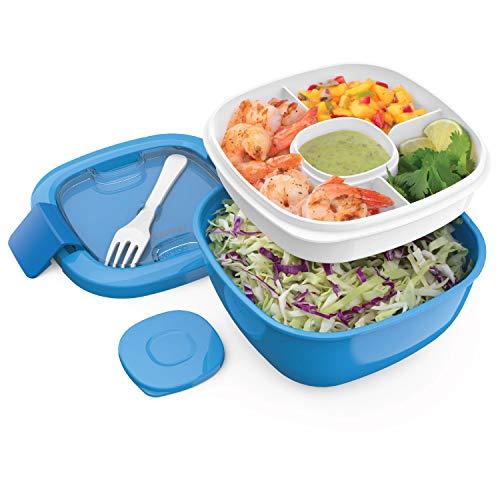 Bentgo Salad BPA-Free Lunch Container with Large 54-oz Salad Bowl, 3-Compartment Bento-Style Tray for Salad Toppings and Snacks, 3-oz Sauce Container for Dressings, and Built-In Reusable Fork (Blue)