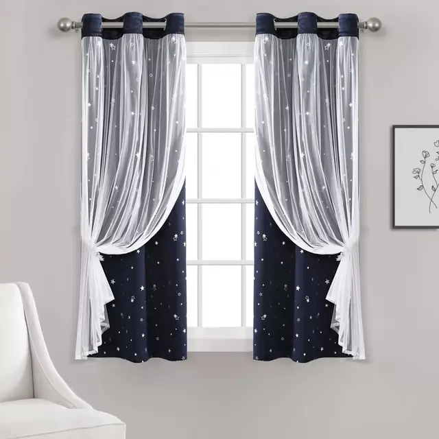 38"x63" Kids' Star Sheer Insulated Grommet Blackout Window Curtain Panel Set Navy - Lush Décor