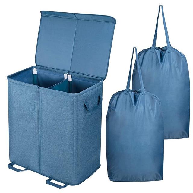 Lifewit Double Laundry Hamper with Lid and Removable Laundry Bags, Large Collapsible 2 Dividers Dirty Clothes Basket with Handles for Bedroom, Laundry Room, Closet, Bathroom, College, Blue