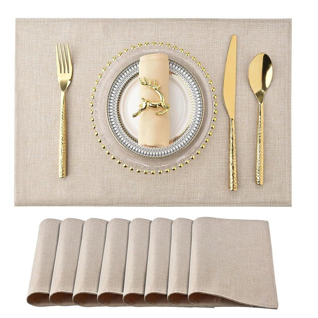 SLKQG Cloth Placemats Set of 8 - Double Thickened Easy to Clean Linen Style Fabric Placemats - Machine Washable Placemats - Heat Resistant Non-Slip Table Mats (Light Linen, 8)