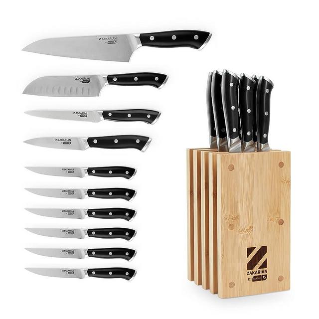 Zakarian by DASH 11-Piece German Steel Kitchen Knife Set with 7" Chef, 5" Santoku, 5" Serrated Utility, 3.5" Paring, 6 Steak Knives and Magnetic Bamboo Knife Block, Black