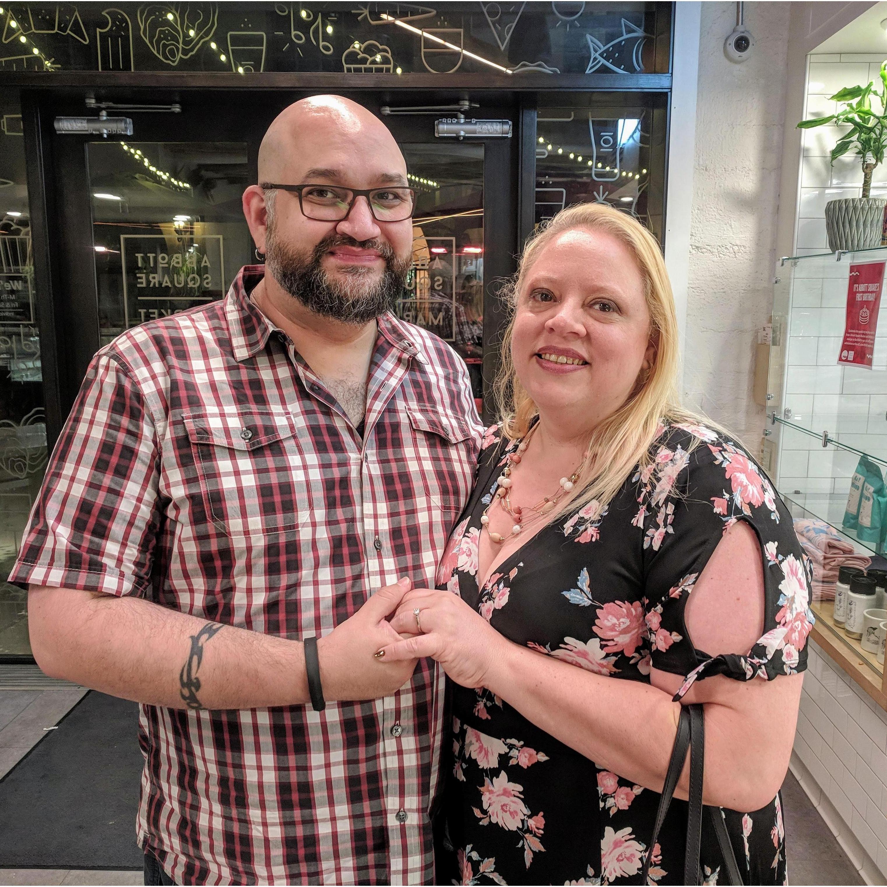 The night Jesse proposed. Some ladies in this ice cream shop saw me looking at my ring and asked if we just got engaged, then offered to take a photo! I think they were as excited as we were.