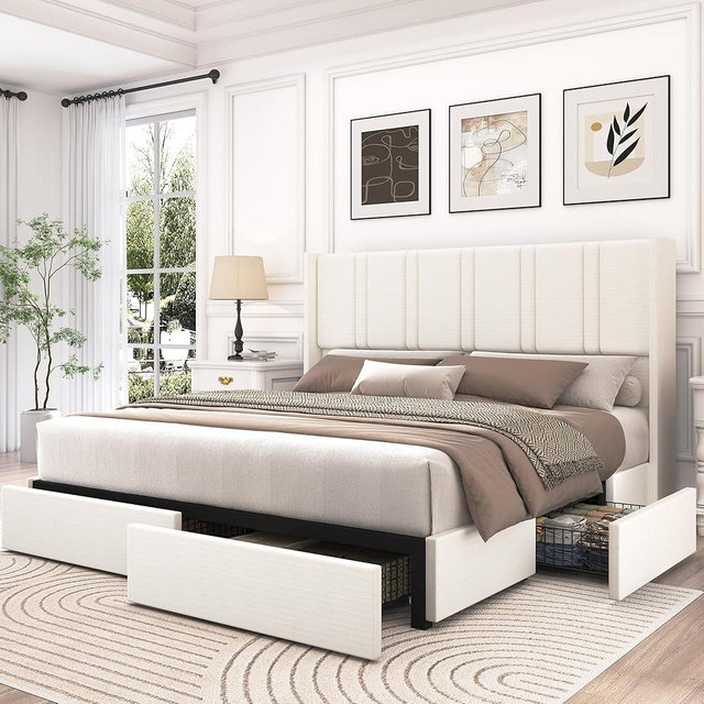 LARMACE Queen Size Bed Frame with 4 Storage Drawers and Wingback Headboard Linen Upholstered Platform Bed Frame with Wooden Slats, Easy Assembly, White
