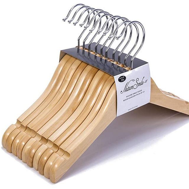 Nature Smile Kids Baby Children Toddler Wooden Shirt Coat Hangers with Notches and Anti-Rust Chrome Hook Pack of 10 (Natural)