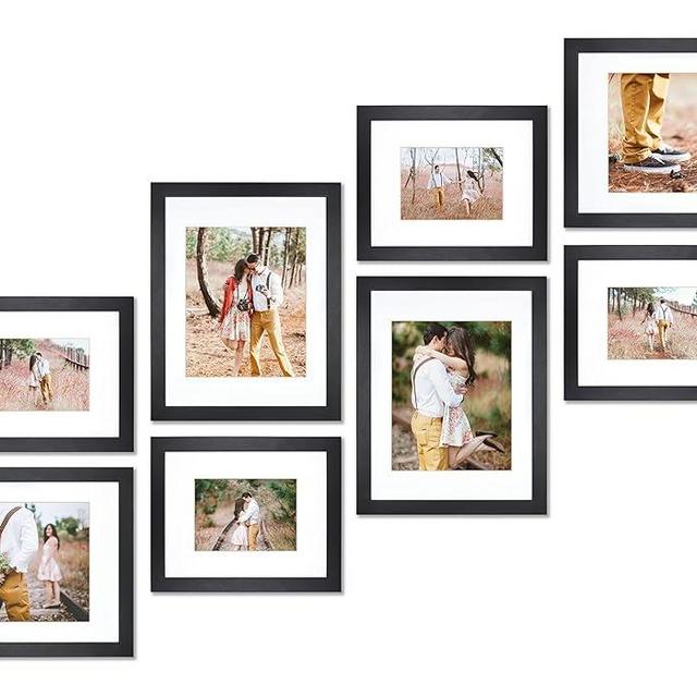 VELISTA 8 Piece Stair Picture Frame Set Stairwell Gallery Wall Frame Set - Stairway Decor with Mat 5x7 and 8x10 Ladder Picture Frames - Black