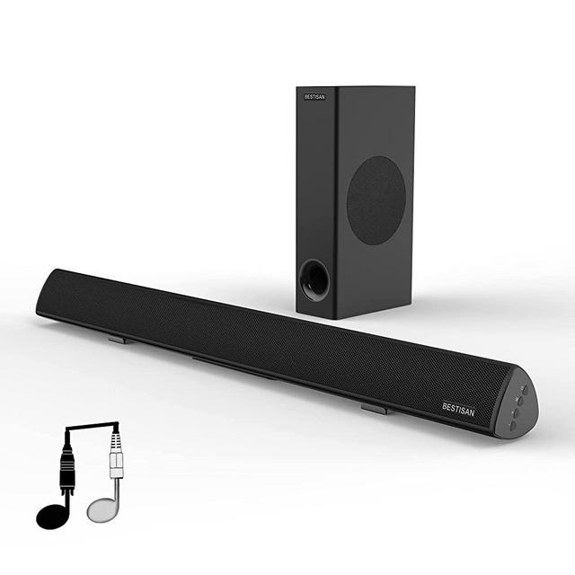 BESTISAN Sound Bar, Bestisan Sound Bar with Subwoofer, 120W Channel 2.1 Soundbar, Wired & Wireless Bluetooth Home Theater Speaker for TV (28 Inch, Optical/Aux/Coax/USB, Bass Adjustable)