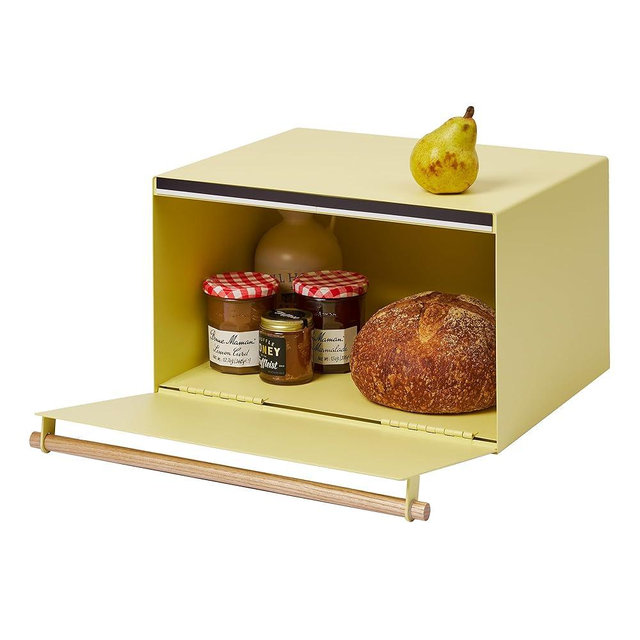 YAMAZAKI Home Tosca Bread Box Keeper Holder Container, Metal Bread Holder Saver, Slim Space Saving Counter Storage - Horizontal - Steel + Wood