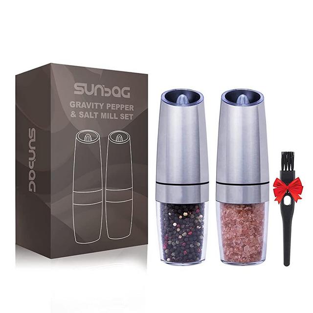 Sunbag Electric Gravity Salt and Pepper Grinder,Battery Operated Automatic Salt and Pepper Mill - Blue LED Light,Adjustable Coarseness,One Handed Operation(Silver 2 pack)