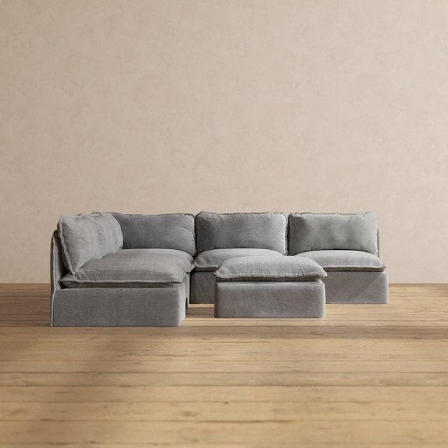 Anabei Modular Washable 5-Seater Open-Ends Corner Sectional + Ottoman in Ash | Deluxe+ Seat | Cloud Pillow