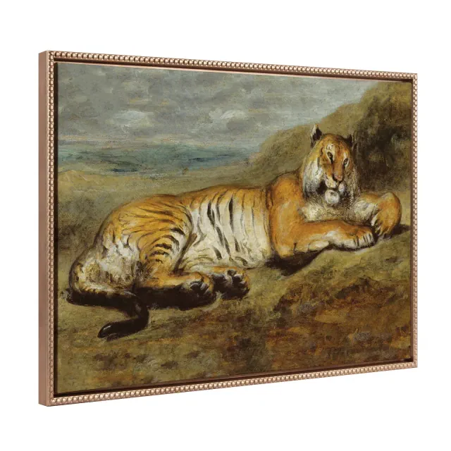 23"x33" Sylvie Beaded Tiger Resting Framed Canvas by The Art Institute of Chicago Gold - Kate & Laurel All Things Decor: Modern Style