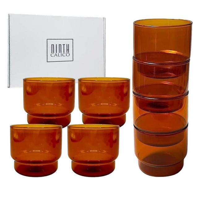 Ninth Calico Stackable 4-Piece Glass Set – Colored Drinking Cups, Lead-Free and Cadmium Free Glass (Amber, Short)