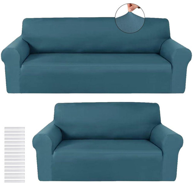 Peryiter 2 Pcs Sofa Covers Couch and Loveseat Covers Set Stretch Sofa Slipcover for Living Room Armchair Furniture Protector, Wrinkle Proof(Peacock Blue,Milk Silk)