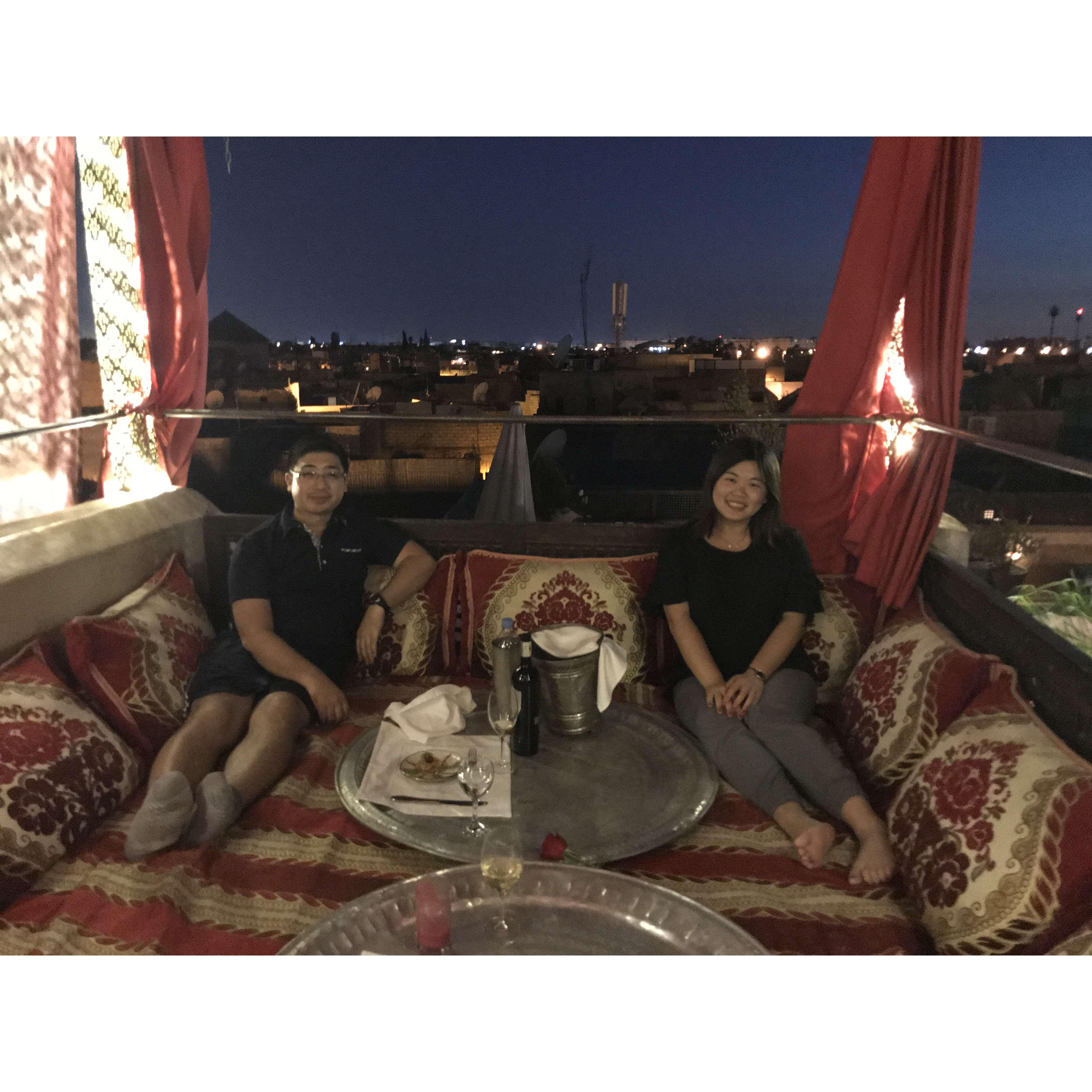 Having dinner on the roof of our riad in Marrakesh in 2018.