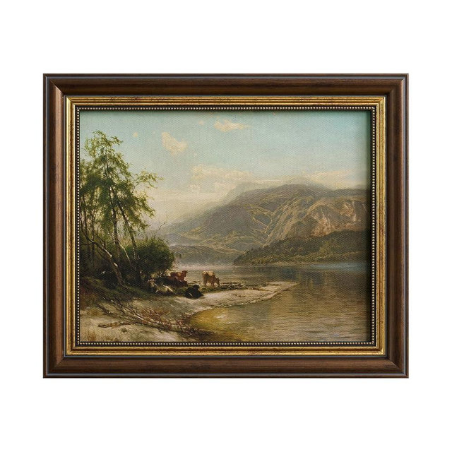 Framed Canvas Wall Art Vintage Mountain Landscape, Cows Nature Wall Art, Rustic Country River Scene Canvas Prints Wall Art for Living Room Bedroom Home Decoration, 12"x10"