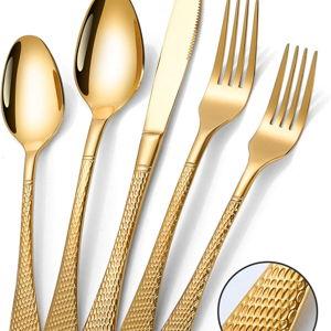 Lemeya Hammered Gold Silverware Set,30 Piece Modern Flatware Set Service for 6,Mirror Polished Stainless Steel Cutlery Set Utensil Set Tableware Set,Kitchen Knives Forks Spoons Set,Dishwasher Safe