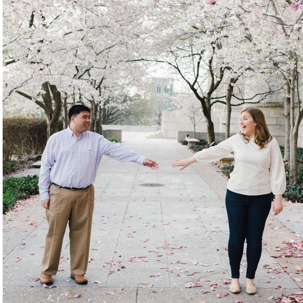 Practicing "social distancing" during their cherry blossom engagement pictures at the Basilica of the National Shrine of the Immaculate Conception right before #Covid19 got real. March 2020.