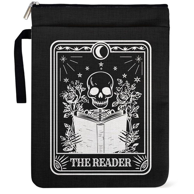 Gothic Skeleton Skull Book Sleeve Pouch Gifts for Women Book Lovers, Paperback Book Covers for Librarian Bookish Group Club with Zipper Pocket and Handle, The Reader Halloween Decoration