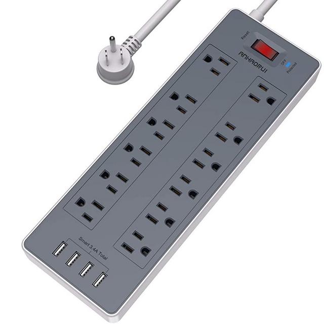 8 Feet Power Strip, ANHAORUI Surge Protector with 12 AC Outlets and 4 USB Ports,1875W/15A, 2100 Joules, 8 Ft Long Extension Cord for Home,Office, Hotel- Wihte/Grey
