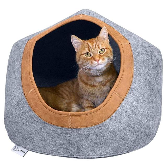 Kitty City Large Faux Leather Trimmed Felt Cat Cave, Felt Bed, Felt Lounge