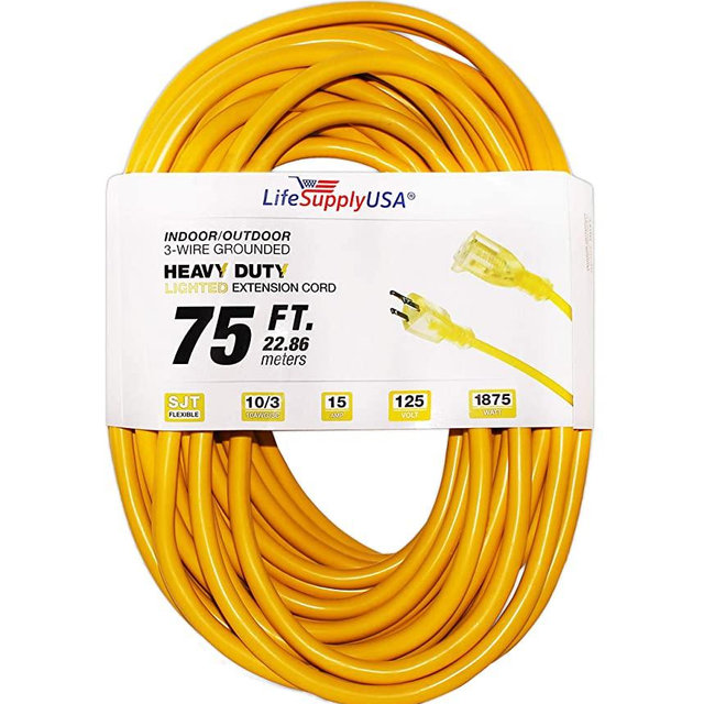 75 ft Extension Cord 10/3 SJTW with Lighted end - Yellow - Indoor / Outdoor Heavy Duty Extra Durability 15 AMP 125 Volts 1875 Watts by LifeSupplyUSA