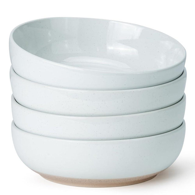 Metflavor Pasta Bowls Set of 4, 34oz Speckled Ceramic Bowls Set for Serving Salad, Pasta, Soup, Dinner, 8" Wide and Deep Bowls, Dishwasher & Microwave Safe, Matte Terracotta Base (Gray White)