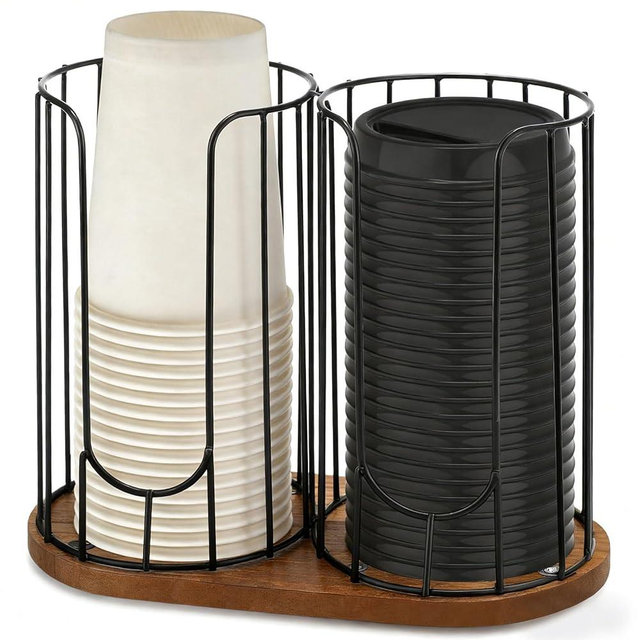 Geelin Coffee Cup Dispenser, Cup Holder Organizer for Storing Paper Cups, Straws, Lids and Disposable Tableware(2-Compartment Single Layer, Black and Brown)