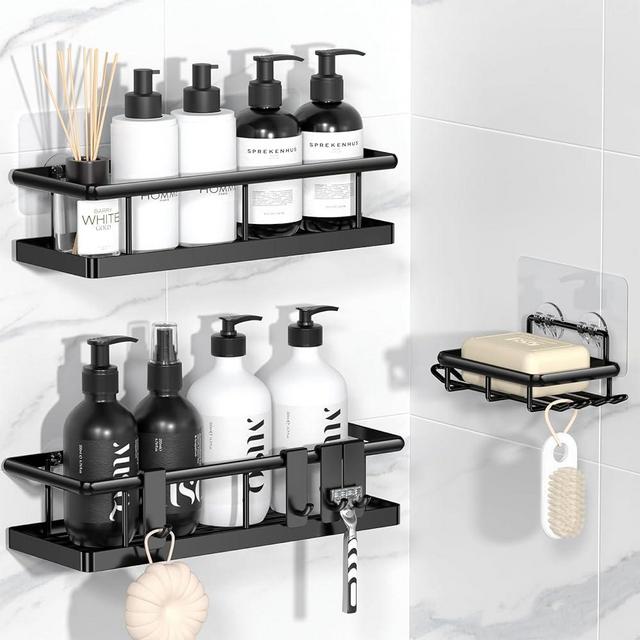 YASONIC Shower Caddy Adhesive, No Drill Bathroom Shower Organizers, with Removable Hooks, Rust Proof Shower Shelves, Wall-Mounted Shower Holder, Black, 3 Pack