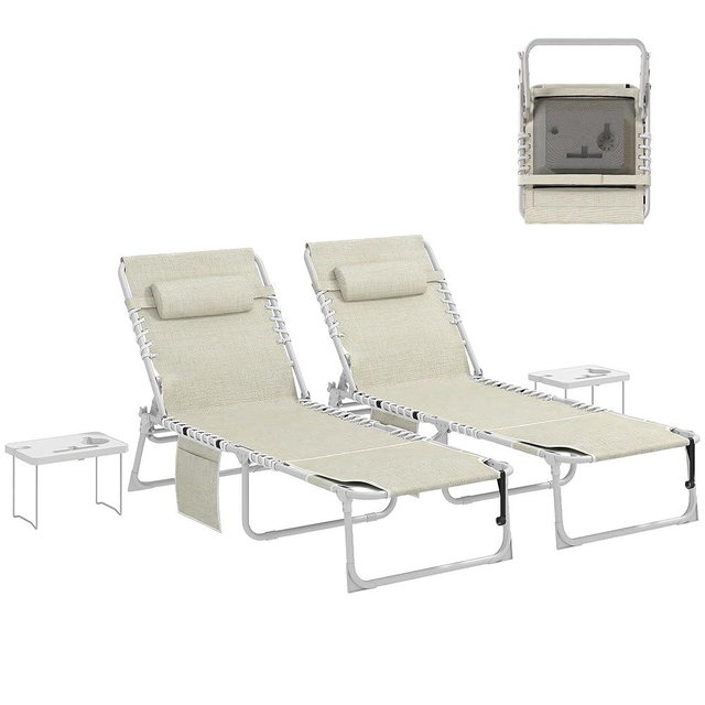 Outsunny Tanning Chair Set of 2 with Face Hole, Side Table, 5-Position Reclining Folding Chaise Lounge Chair Outdoor Lounger Recliner, Carry Straps for Beach Pool Camp, Breathable Mesh, Beige