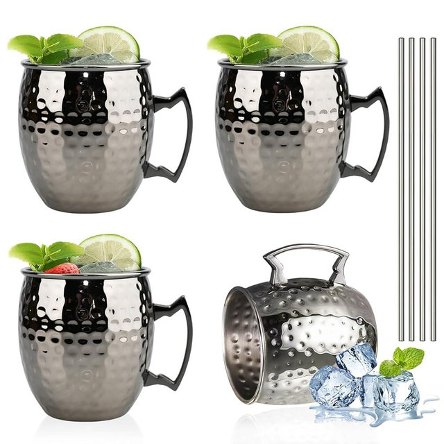 TJ Moscow Mule Mugs Set of 4, Black Hammered Mule Cup 17 oz, Stainless Steel Lining Brass Handles Mug Set, Copper Mugs, Mule Mugs, Moscow Mule Kit Gift for Cold Drinks Cocktail Beer Wine Party Bar