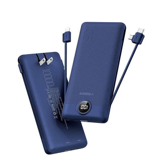 VEGER Portable Charger for iPhone with Built in Cables and Wall Plug, 10000mah Slim Fast Charging USB C Power Bank, Travel Essential Battery Pack Compatible with iPhone, iPad, Samsung etc(Navy)