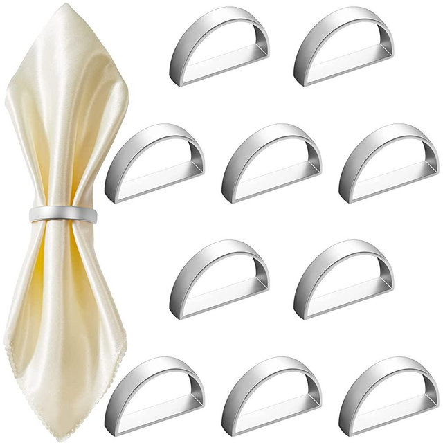 Stainless Steel Napkin Rings Metal Napkin Ring Holders Modern Ring Holder Serviette Buckles Metallic Adornment for Table Settings Kitchen Dinner Party Wedding (Matte Silver Semicircle, 10 Pcs)