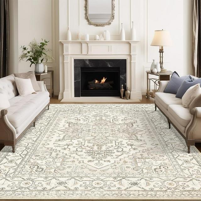 befbee 8x10 Area Rugs for Living Room, Stain Resistant Neutral Washable Rugs for Dining Room, Vintage Non-Slip Thin Large Size Beige Area Rug, Printed Vintage Home Decor Rug（Beige）
