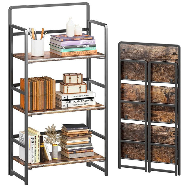 4NM No-Assembly 3 Tiers Folding Bookshelf Storage Shelves Vintage Bookcase Standing Racks Study Organizer Home Office (Rustic Brown and Black)